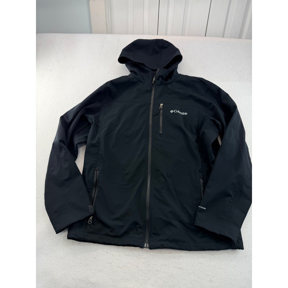 Columbia Mens Black Hooded Softshell Fleece Lined Jacket Size Large Full Zip